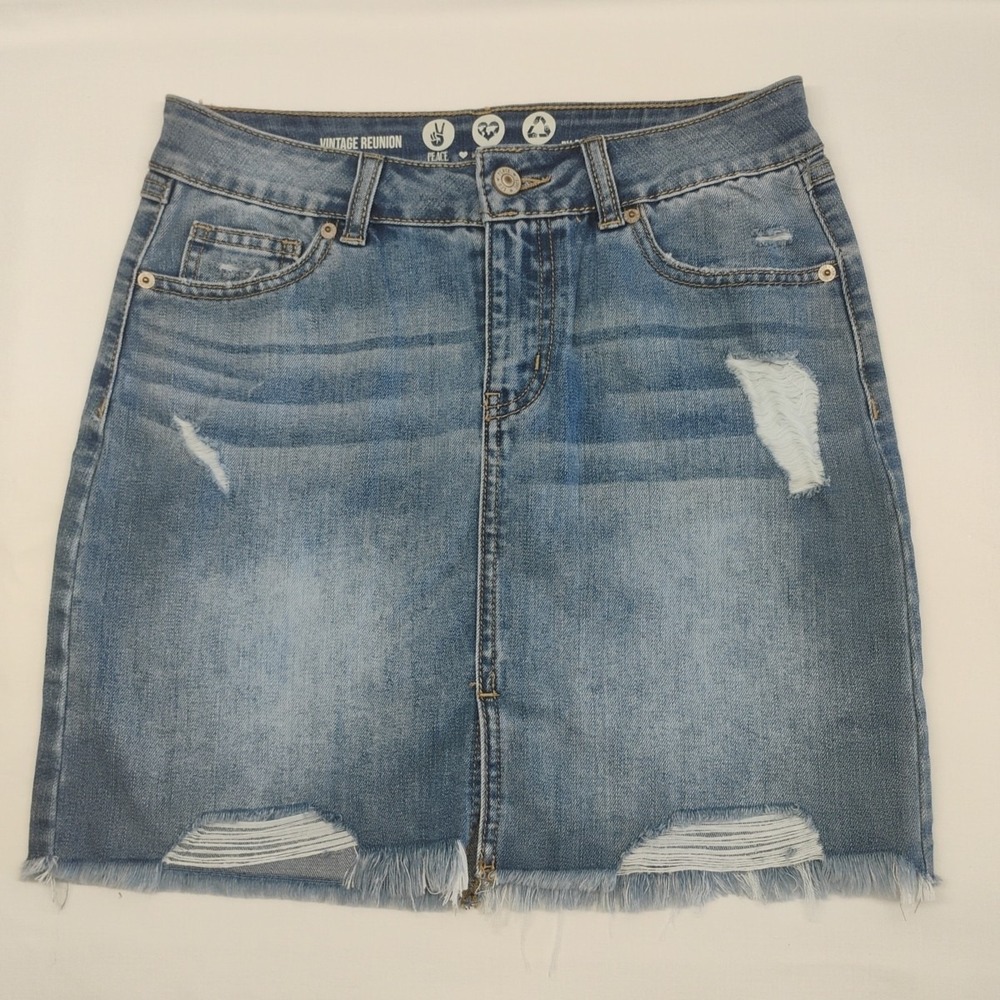 Rewash Vintage Reunion Women Juniors 3 28x15 Denim Jean Skirt Distressed Stretch
